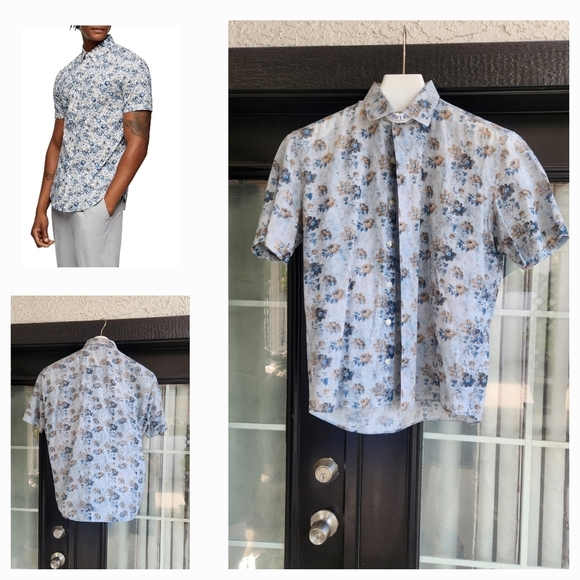Culturata Short Sleeve Wallpaper Floral Print Contemporary Fit Shirt‎ Blue - Picture 1 of 2